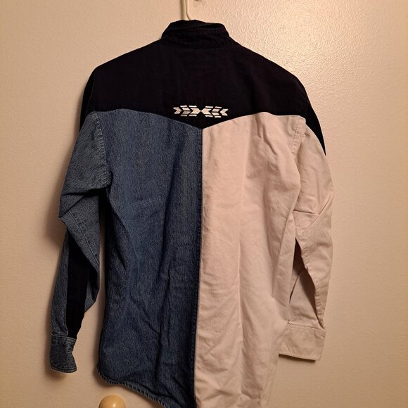 VTG Wrangler Western Shirt Color Block Aztec Embroidered Denim Long Sleeve Small - Picture 3 of 8